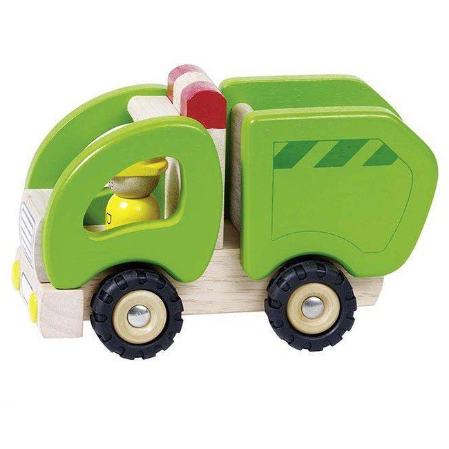 collection de véhicules en bois Camion poubelle vert en bois - Goki